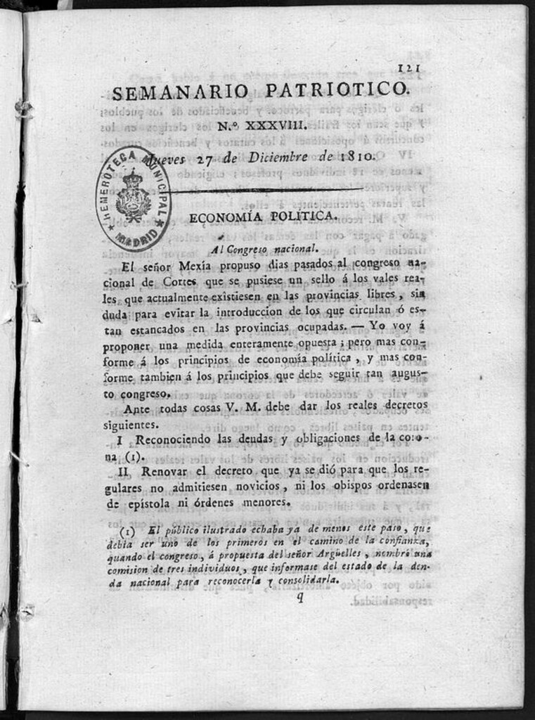 Miniatura de Semanario Patriótico. Num XXXVIII. Jueves 27 de Diciembre de 1810