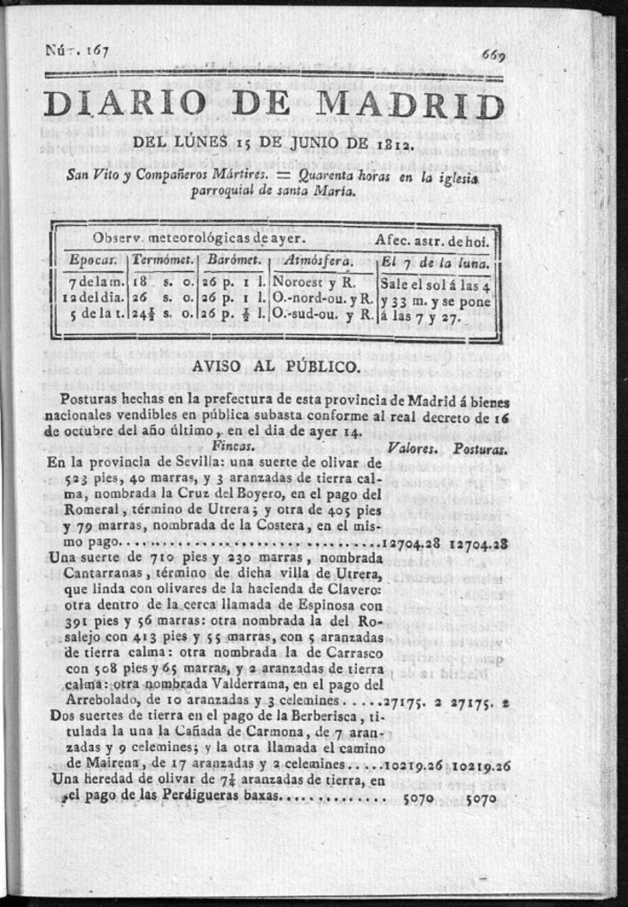 Miniatura de Diario de Madrid del lunes 15 de Junio de 1812