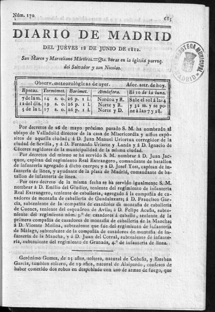 Miniatura de Diario de Madrid del jueves 18 de Junio de 1812