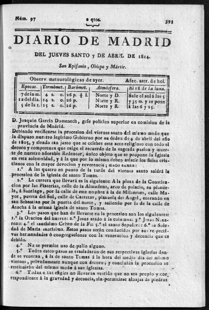 Miniatura de Diario de Madrid del jueves 7 de Abril de 1814