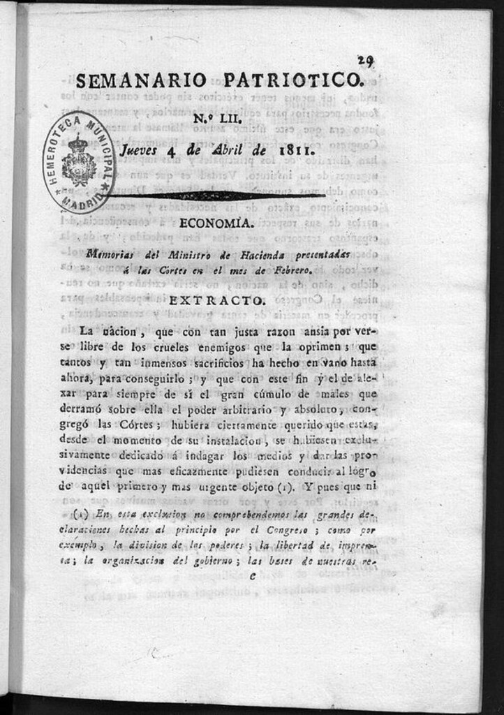Miniatura de Semanario Patriótico. Num LII Jueves 4 de Abril de 1811
