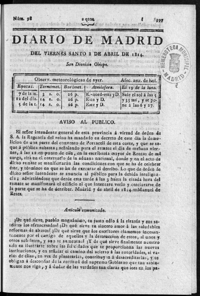Miniatura de Diario de Madrid del viernes 8 de Abril de 1814