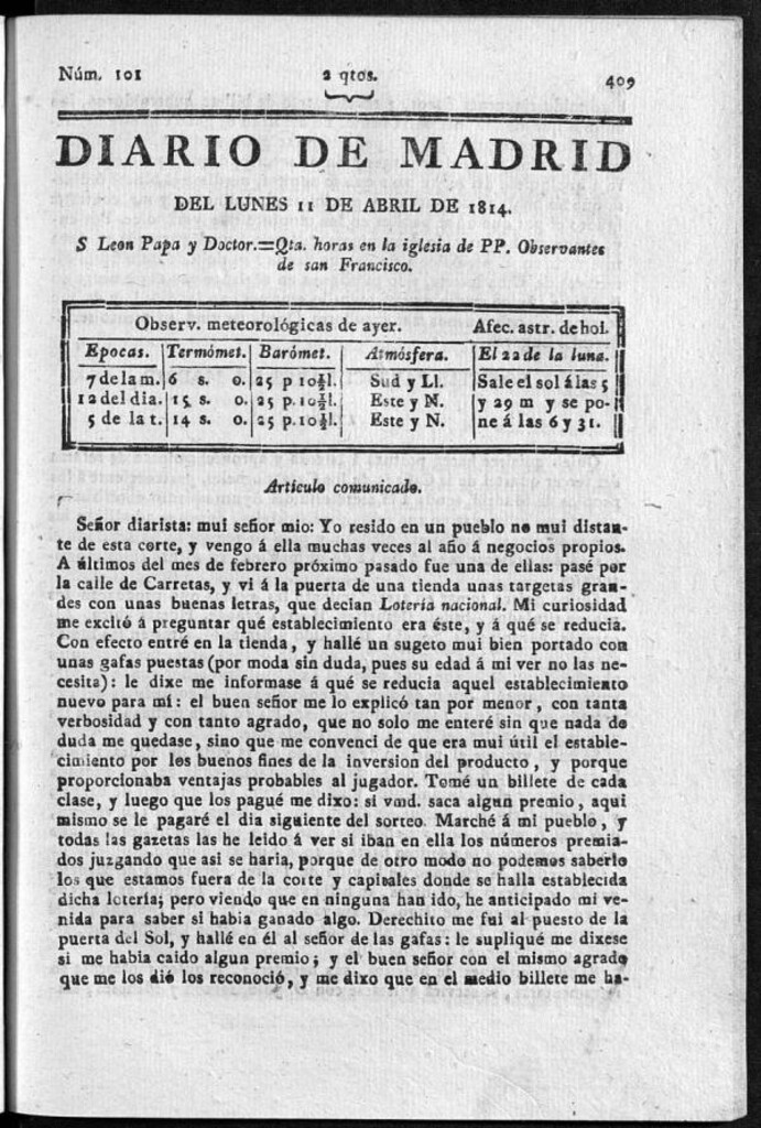 Miniatura de Diario de Madrid del lunes 11 de Abril de 1814