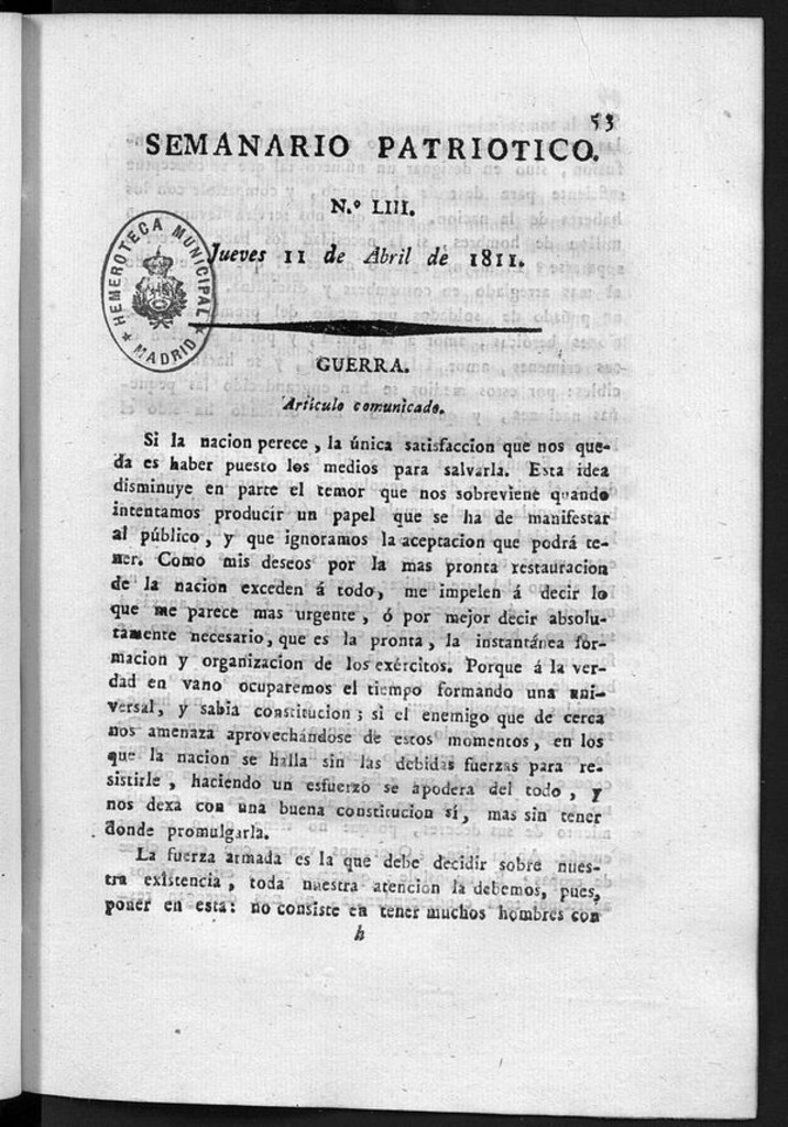 Miniatura de Semanario Patriótico. Num LIII Jueves 11 de Abril de 1811
