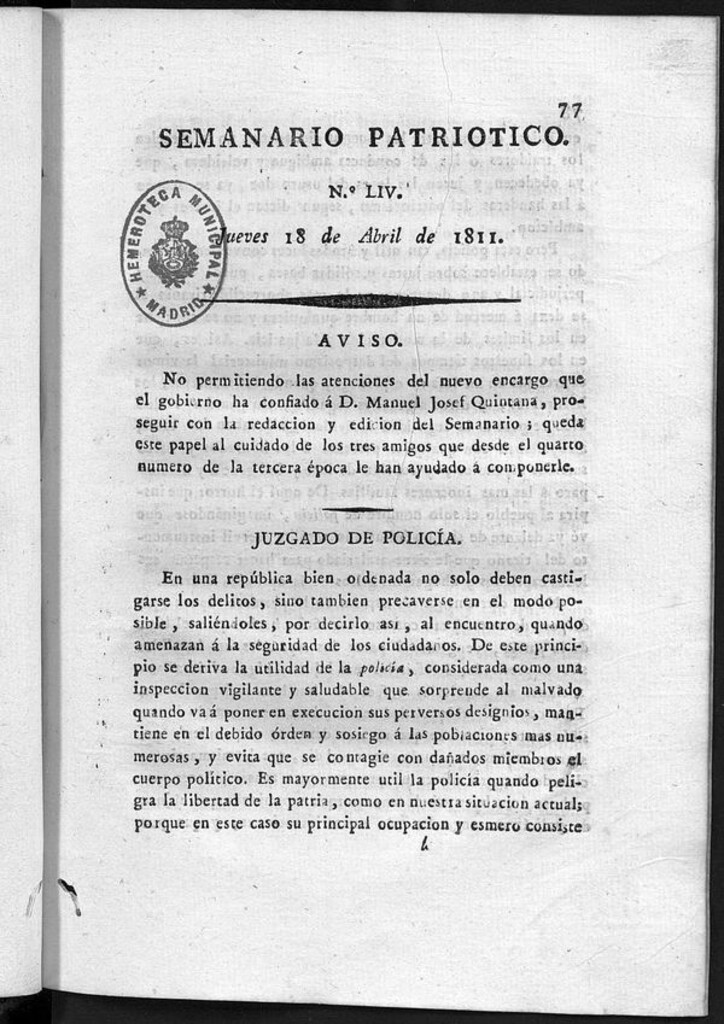 Miniatura de Semanario Patriótico. Num LIV Jueves 18 de Abril de 1811