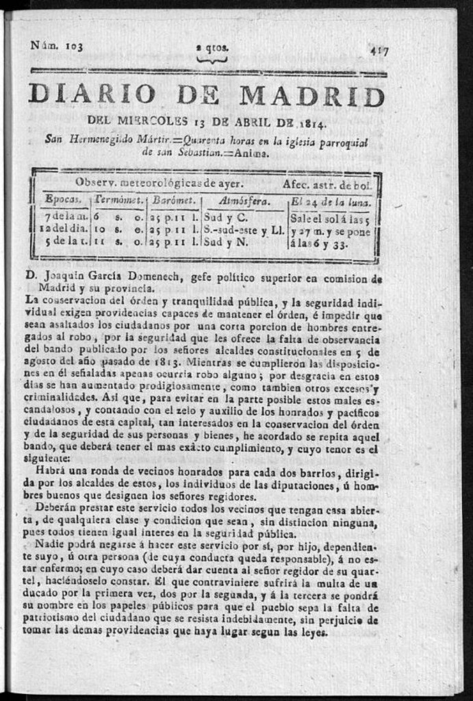Miniatura de Diario de Madrid del miércoles 13 de Abril de 1814
