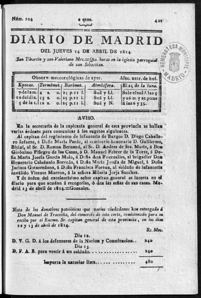 Miniatura de Diario de Madrid del jueves 14 de Abril de 1814