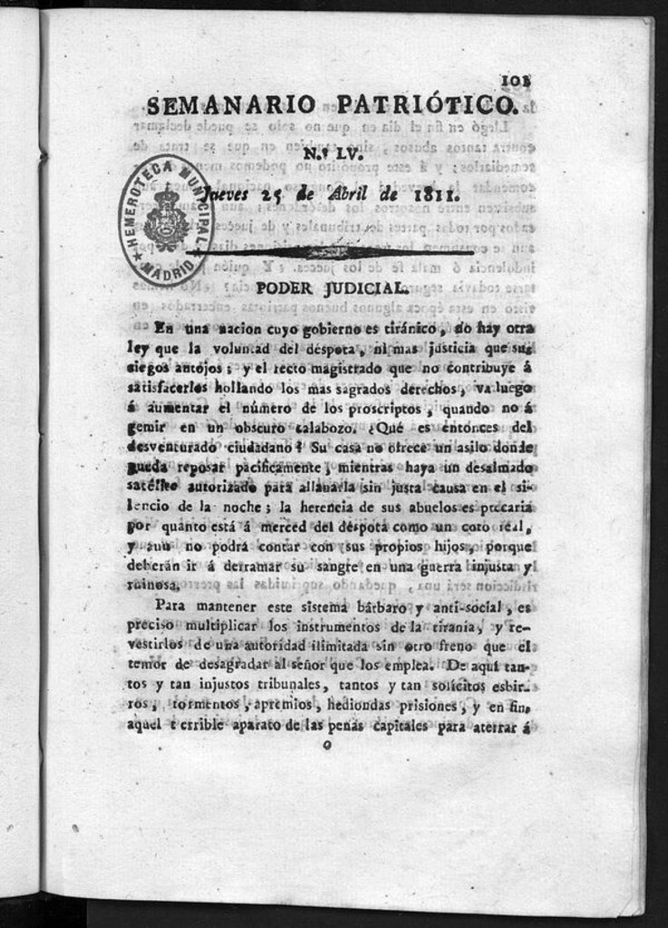 Miniatura de Semanario Patriótico. Num LV Jueves 25 de Abril de 1811