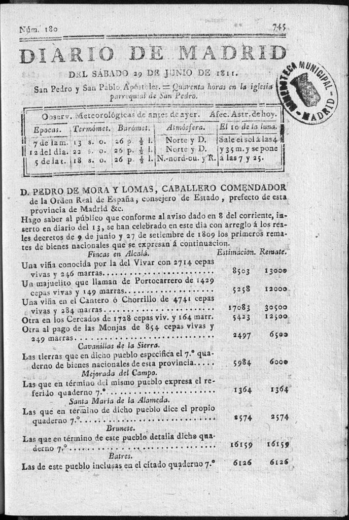 Miniatura de Diario de Madrid del sábado 29 de Junio de 1811