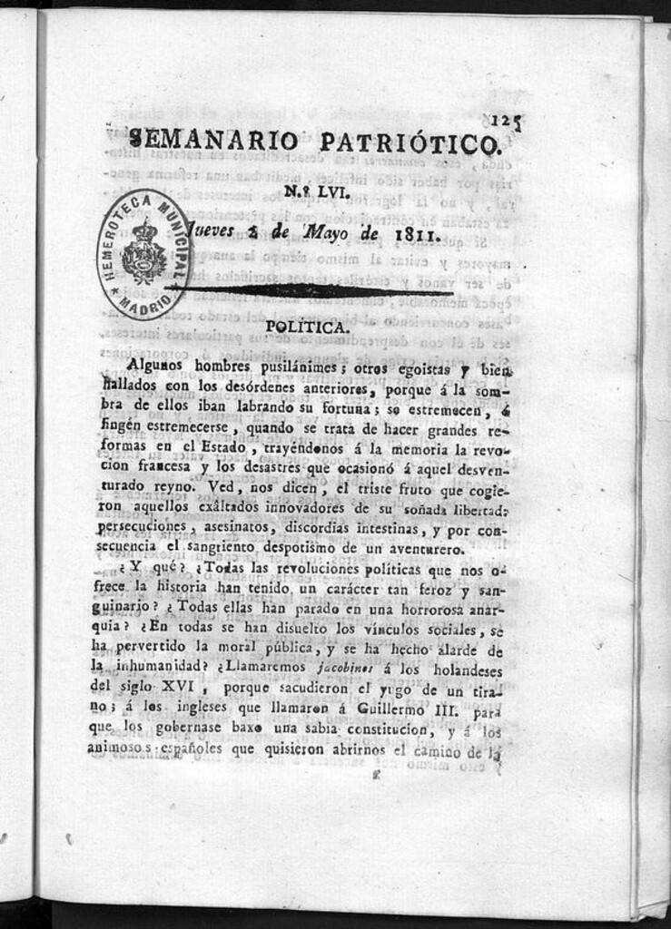Miniatura de Semanario Patriótico. Num LVI Jueves 2 de Mayo de 1811