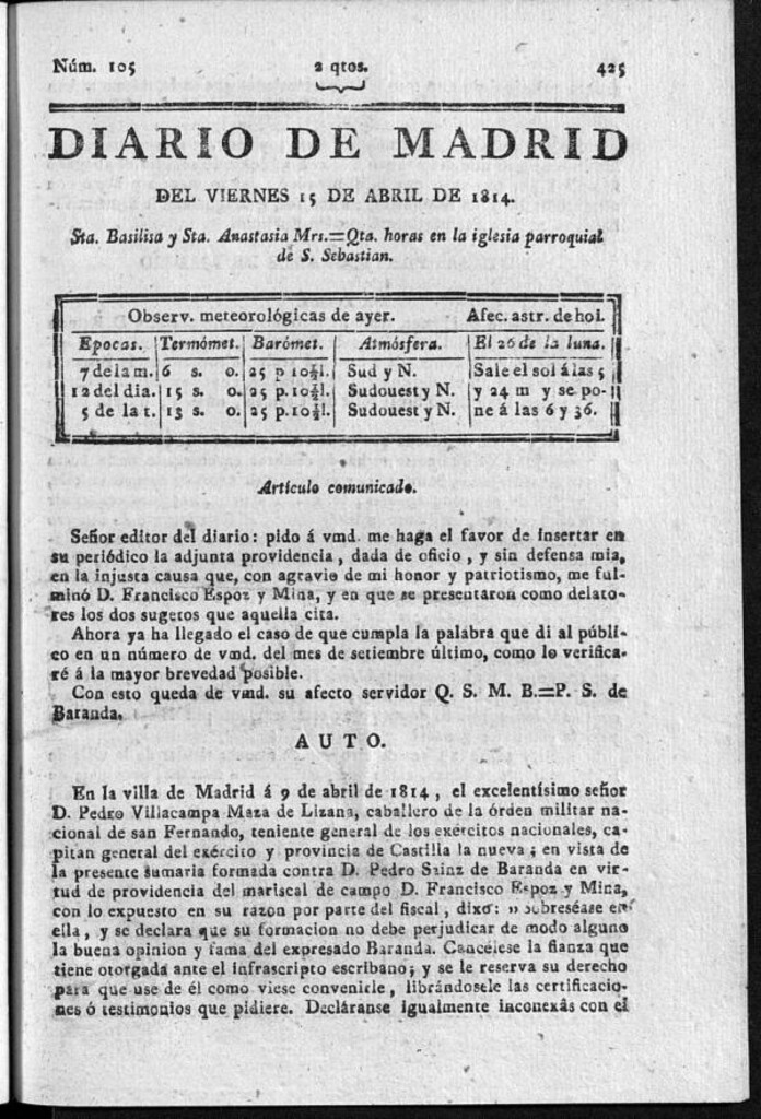 Miniatura de Diario de Madrid del viernes 15 de Abril de 1814