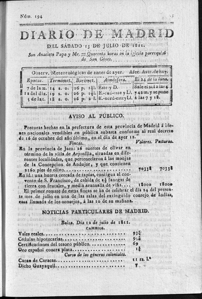 Miniatura de Diario de Madrid del sábado 13 de Julio de 1811