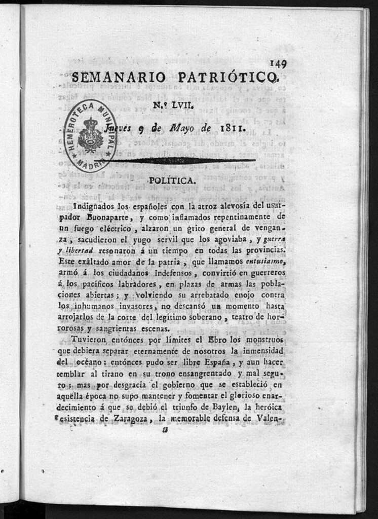 Miniatura de Semanario Patriótico. Num LVII Jueves 9 de Mayo de 1811