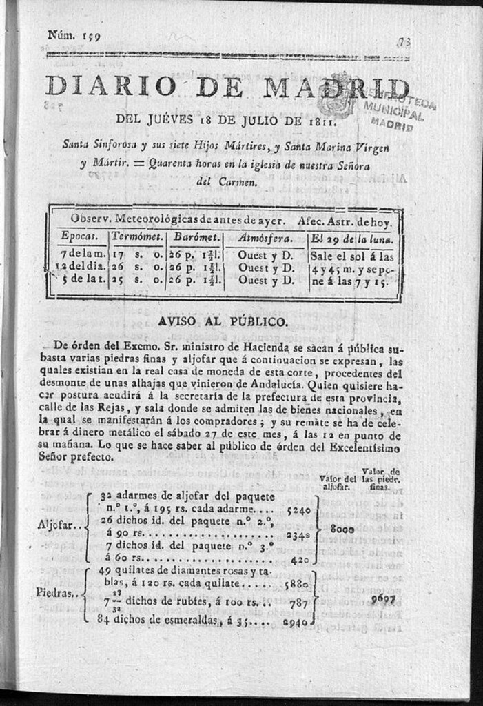 Miniatura de Diario de Madrid del jueves 18 de Julio de 1811