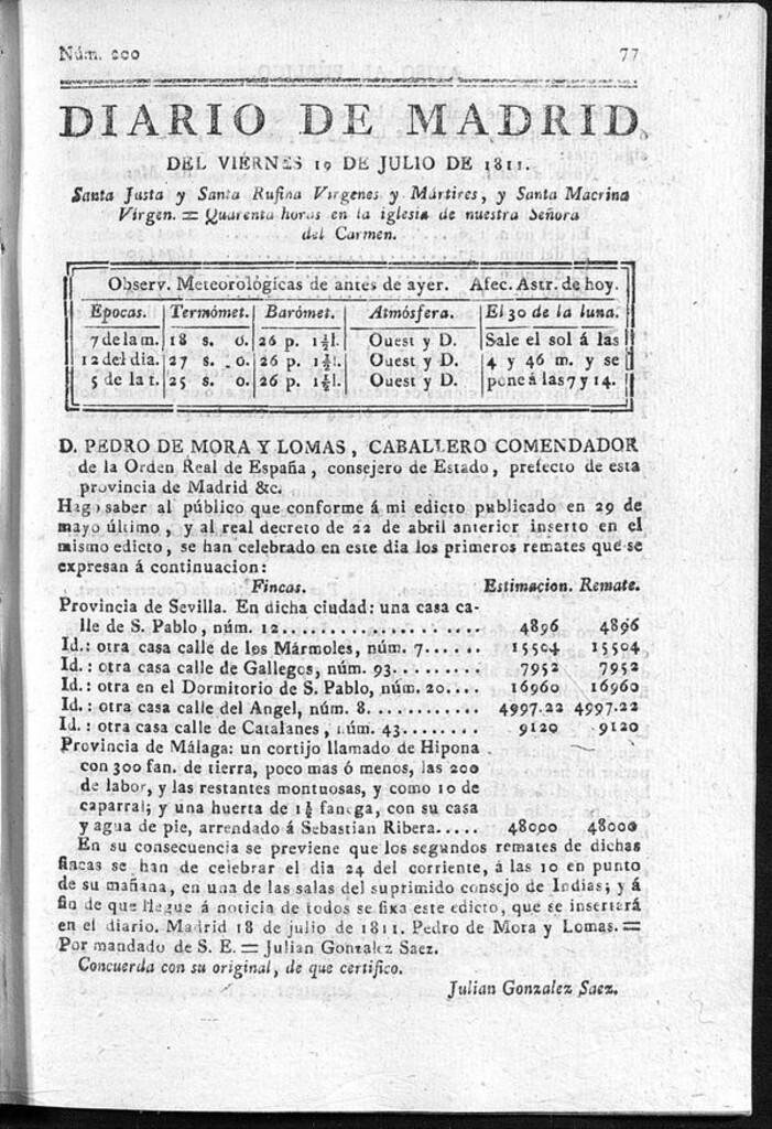 Miniatura de Diario de Madrid del viernes 19 de Julio de 1811