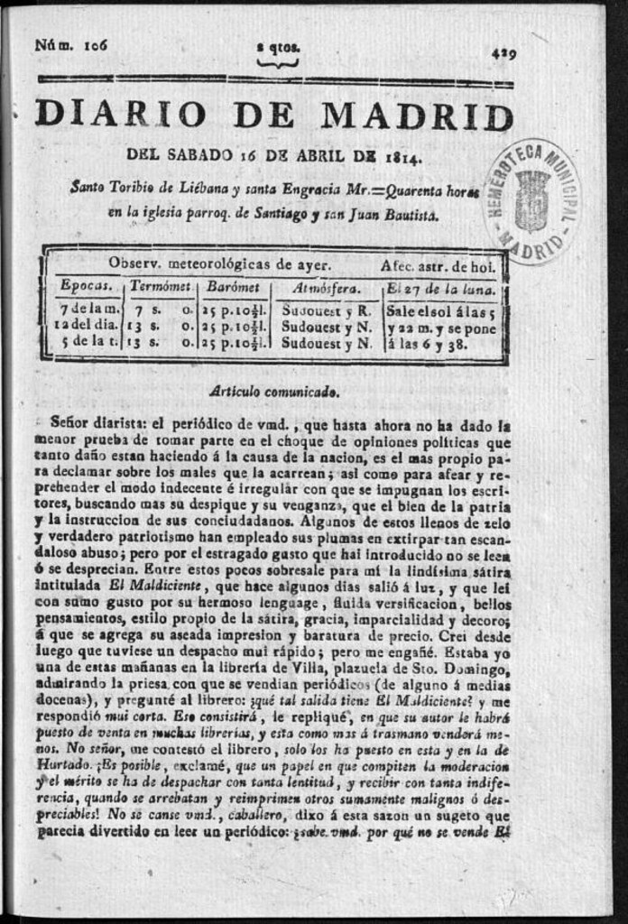Miniatura de Diario de Madrid del sábado 16 de Abril de 1814