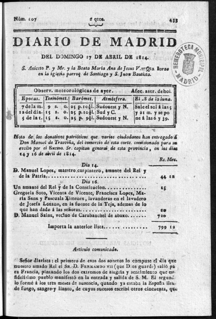 Miniatura de Diario de Madrid del domingo 17 de Abril de 1814