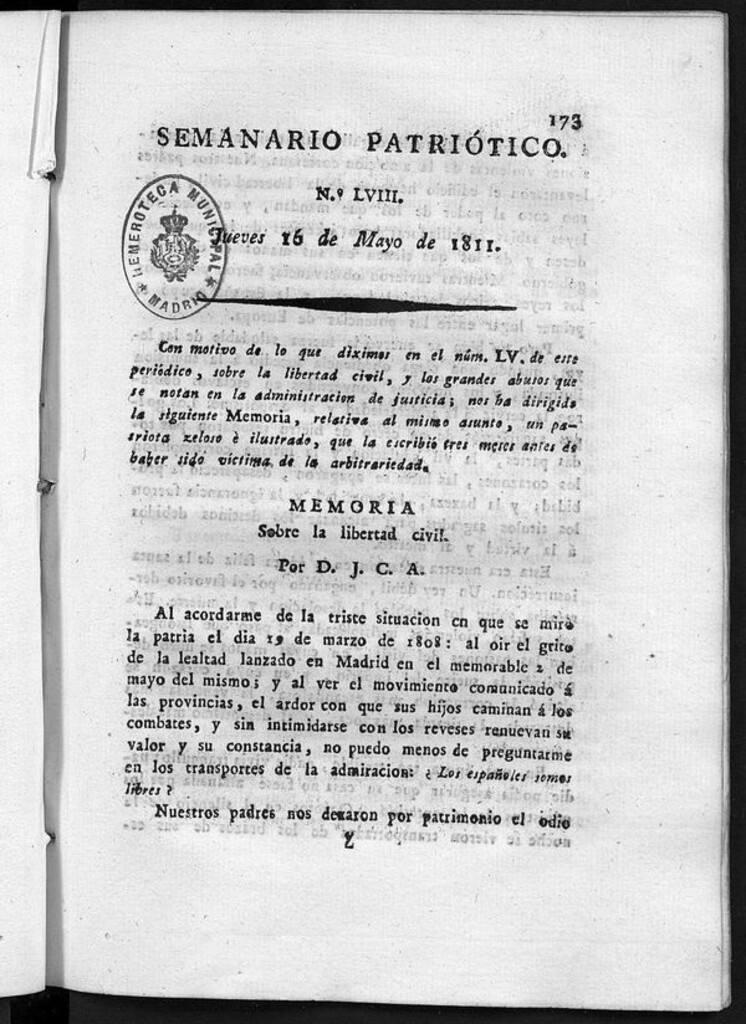 Miniatura de Semanario Patriótico. Num LVIII Jueves 16 de Mayo de 1811