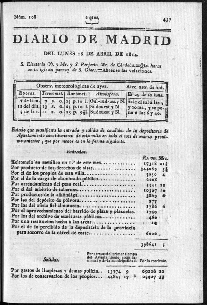 Miniatura de Diario de Madrid del lunes 18 de Abril de 1814