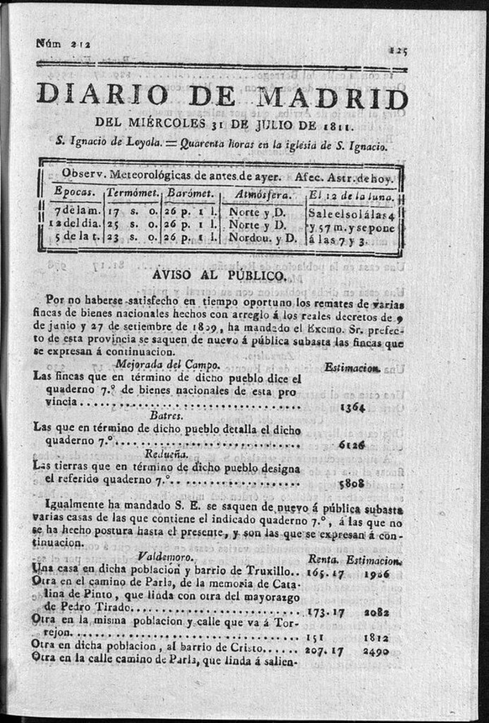 Miniatura de Diario de Madrid del miércoles 31 de Julio de 1811