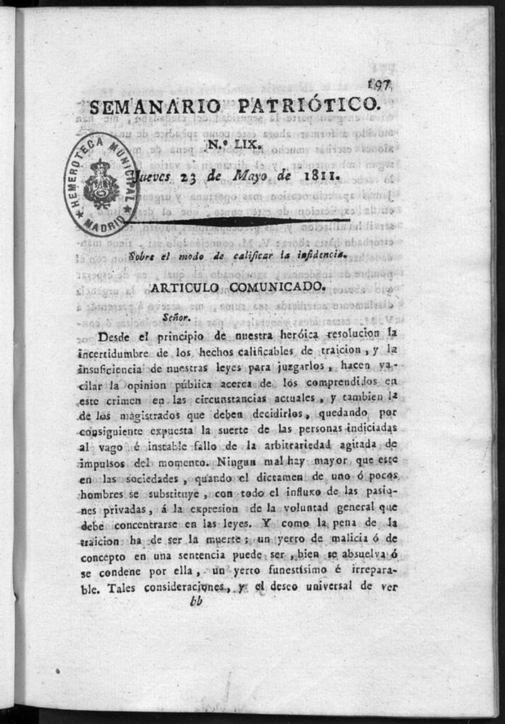 Miniatura de Semanario Patriótico. Num LIX Jueves 23 de Mayo de 1811