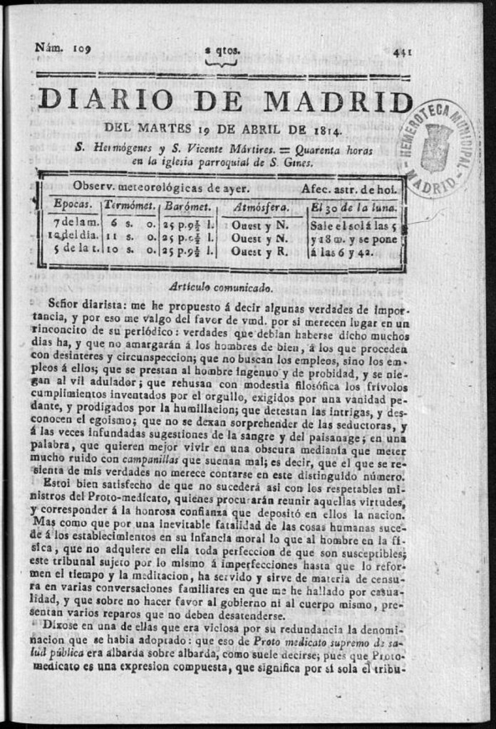 Miniatura de Diario de Madrid del martes 19 de Abril de 1814