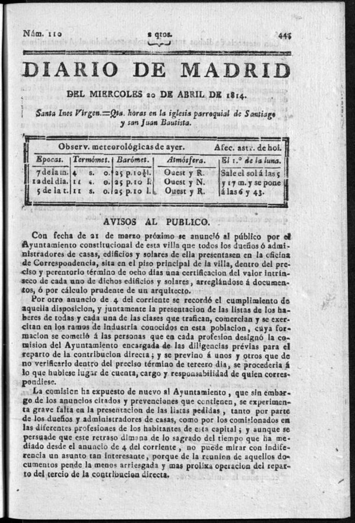 Miniatura de Diario de Madrid del miércoles 20 de Abril de 1814