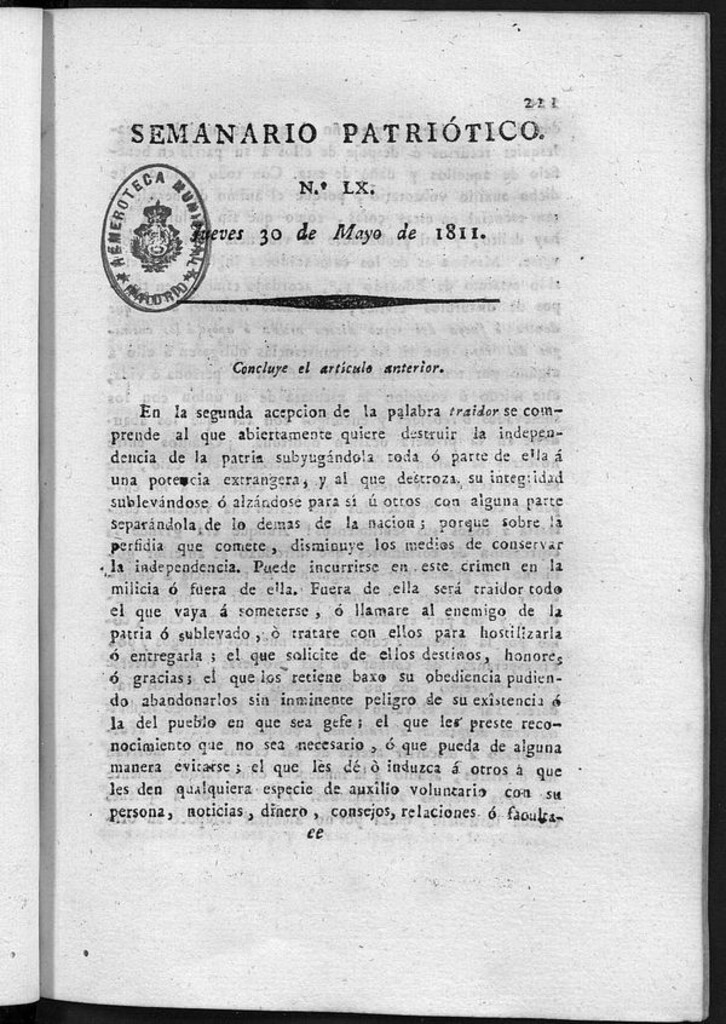 Miniatura de Semanario Patriótico. Num LX Jueves 30 de Mayo de 1811
