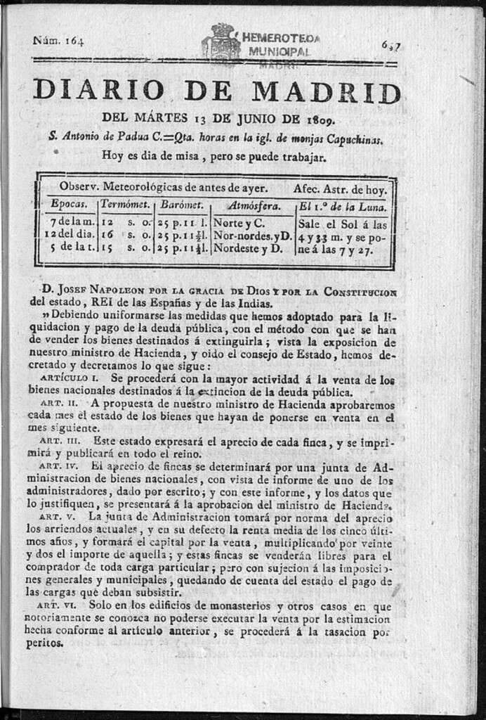 Miniatura de Diario de Madrid del martes 13 de Junio de 1809