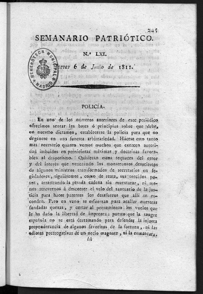Miniatura de Semanario Patriótico. Num LXI Jueves 6 de Junio de 1811