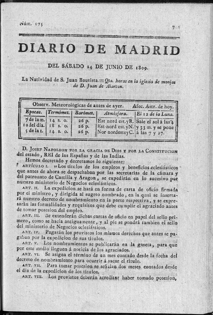 Miniatura de Diario de Madrid del sábado 24 de Junio de 1809