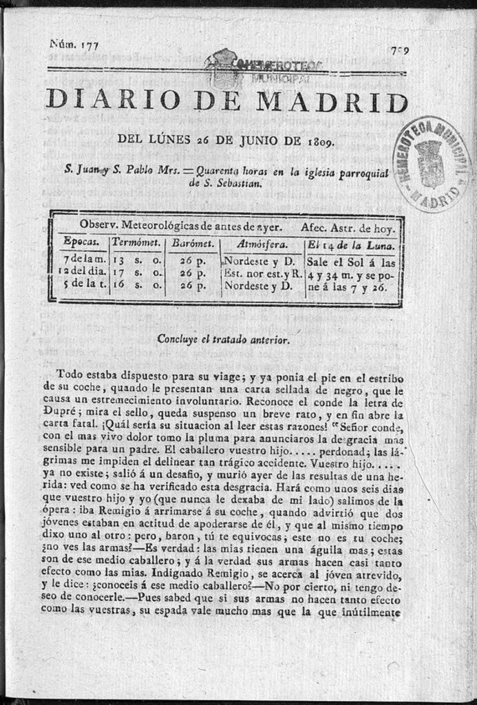 Miniatura de Diario de Madrid del lunes 26 de Junio de 1809