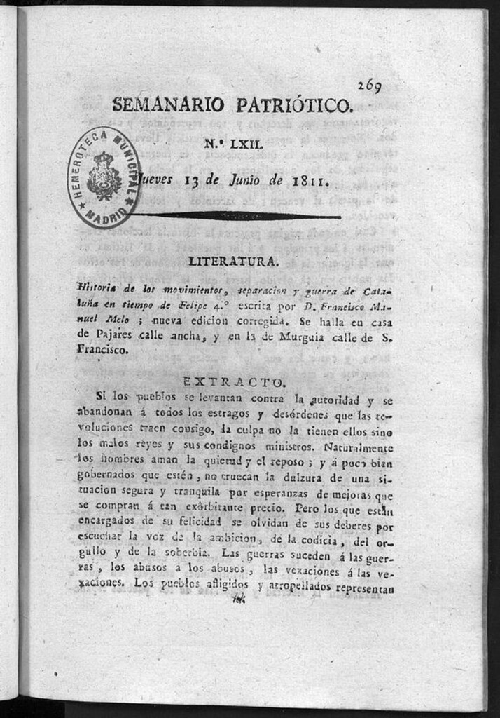 Miniatura de Semanario Patriótico. Num LXII Jueves 13 de Junio de 1811