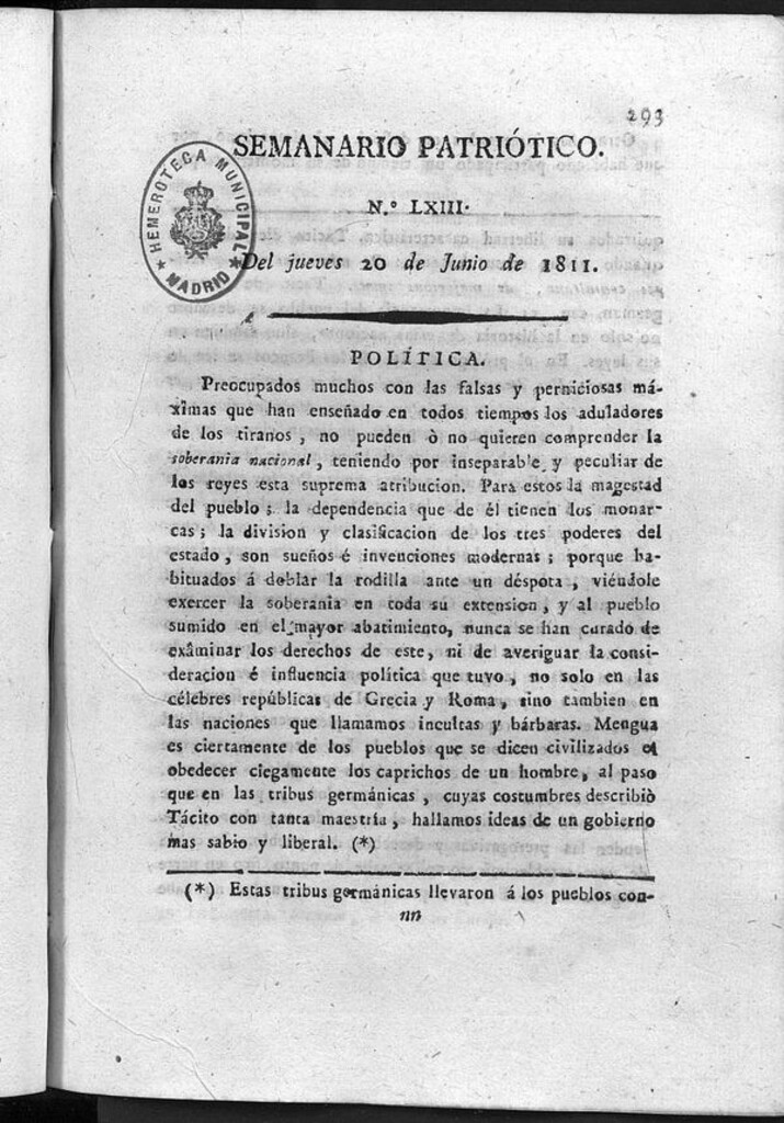 Miniatura de Semanario Patriótico. Num LXIII Jueves 20 de Junio de 1811