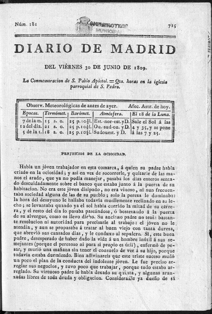 Miniatura de Diario de Madrid del viernes 30 de Junio de 1809