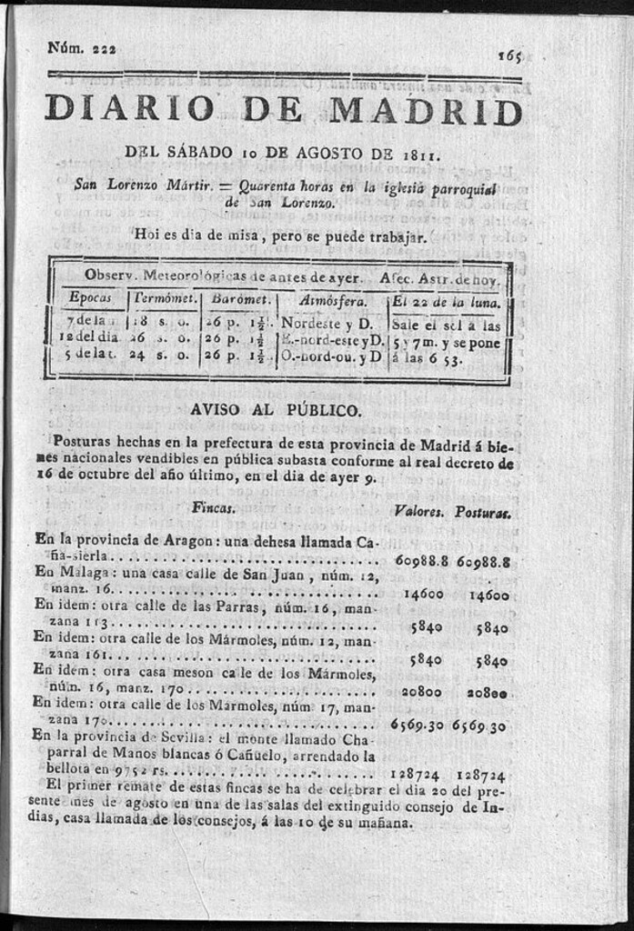 Miniatura de Diario de Madrid del sábado 10 de Agosto de 1811