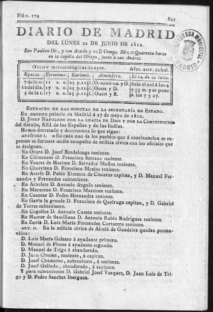 Miniatura de Diario de Madrid del lunes 22 de Junio de 1812