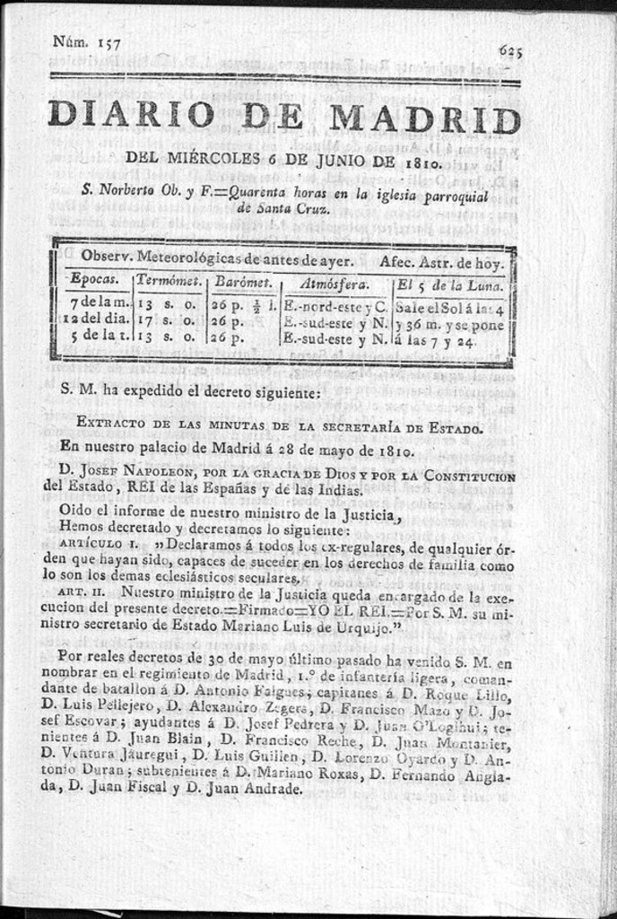 Miniatura de Diario de Madrid del miércoles 6 de Junio de 1810