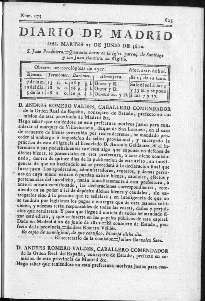 Miniatura de Diario de Madrid del martes 23 de Junio de 1812