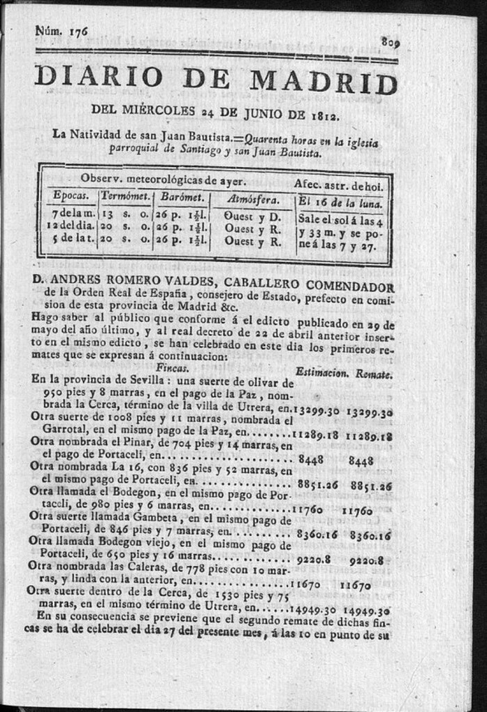Miniatura de Diario de Madrid del miércoles 24 de Junio de 1812