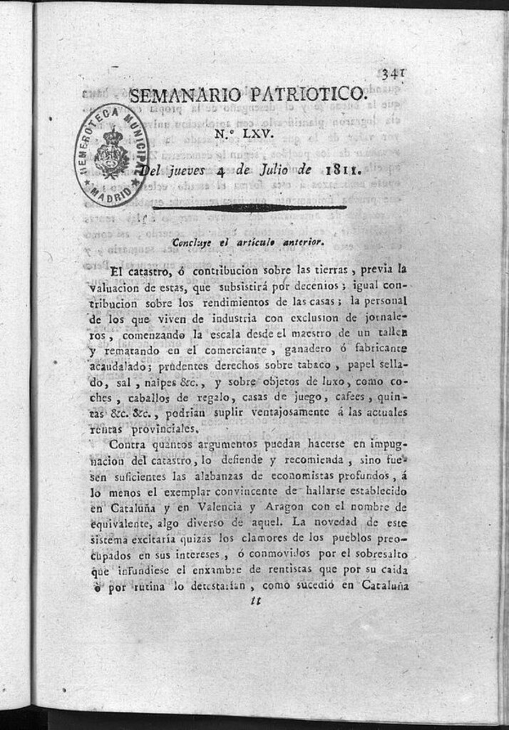 Miniatura de Semanario Patriótico. Num LXV Jueves 4 de Julio de 1811