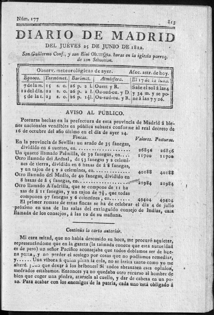 Miniatura de Diario de Madrid del jueves 25 de Junio de 1812