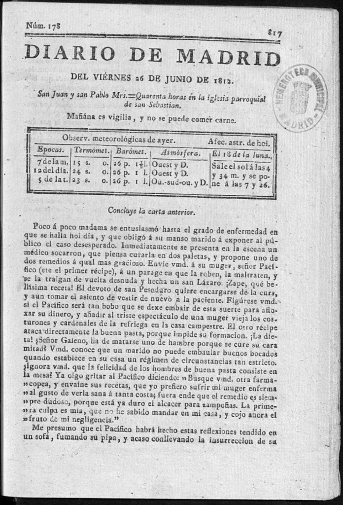 Miniatura de Diario de Madrid del viernes 26 de Junio de 1812