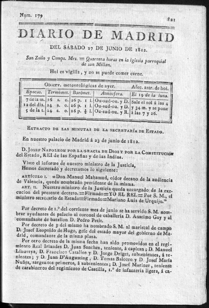 Miniatura de Diario de Madrid del sábado 27 de Junio de 1812