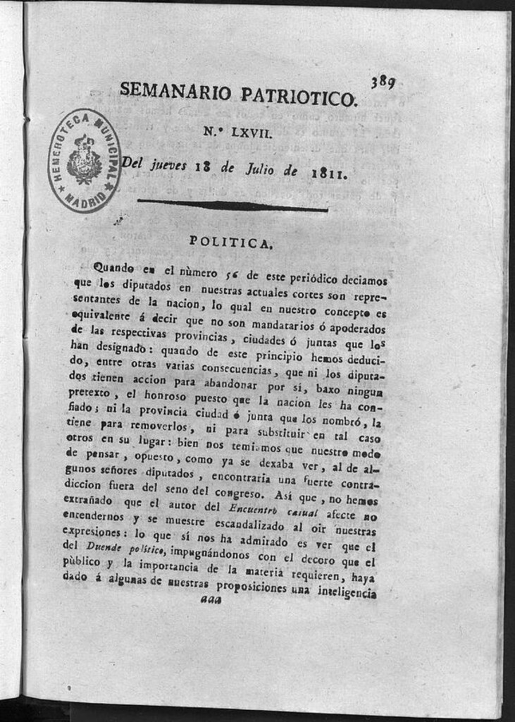 Miniatura de Semanario Patriótico. Num LXVII Jueves 18 de Julio de 1811