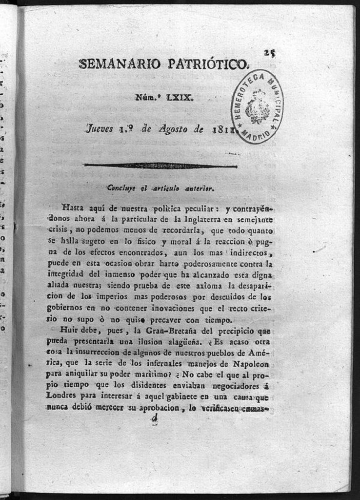 Miniatura de Semanario Patriótico. Num LXIX Jueves 1 de Agosto de 1811