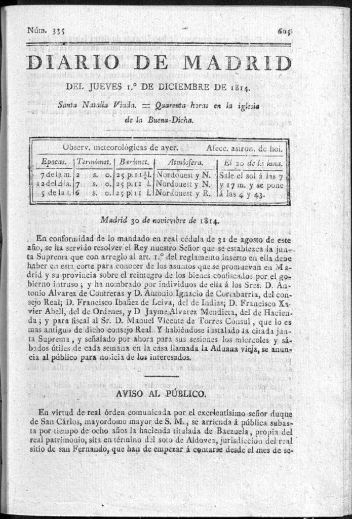 Miniatura de Diario de Madrid del jueves 1 de Diciembre de 1814