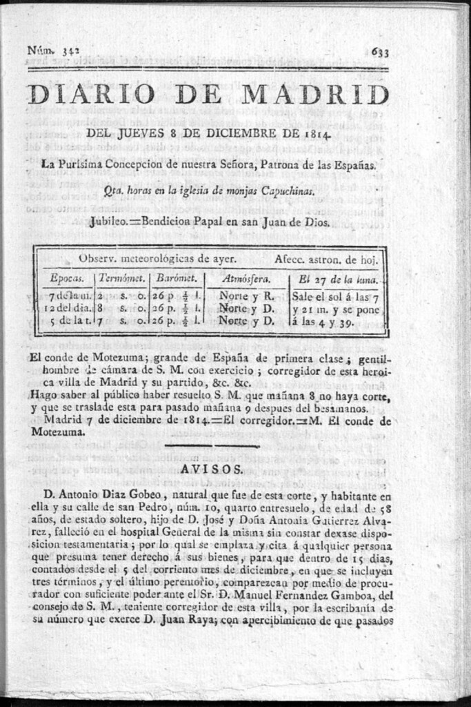 Miniatura de Diario de Madrid del jueves 8 de Diciembre de 1814