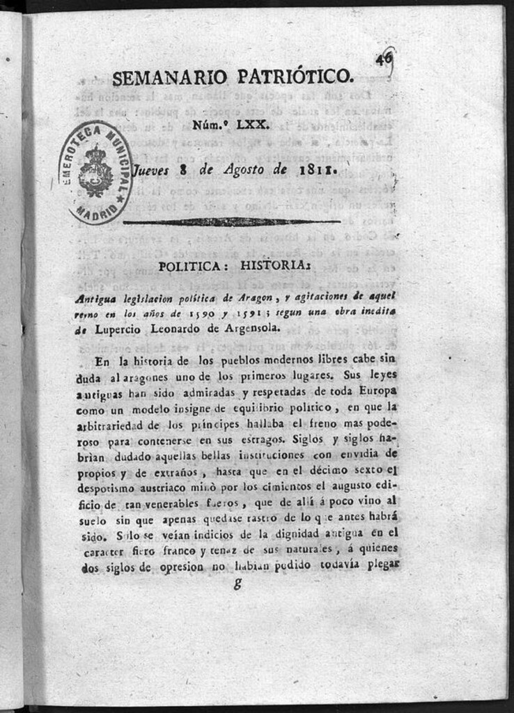 Miniatura de Semanario Patriótico. Num LXX Jueves 8 de Agosto de 1811