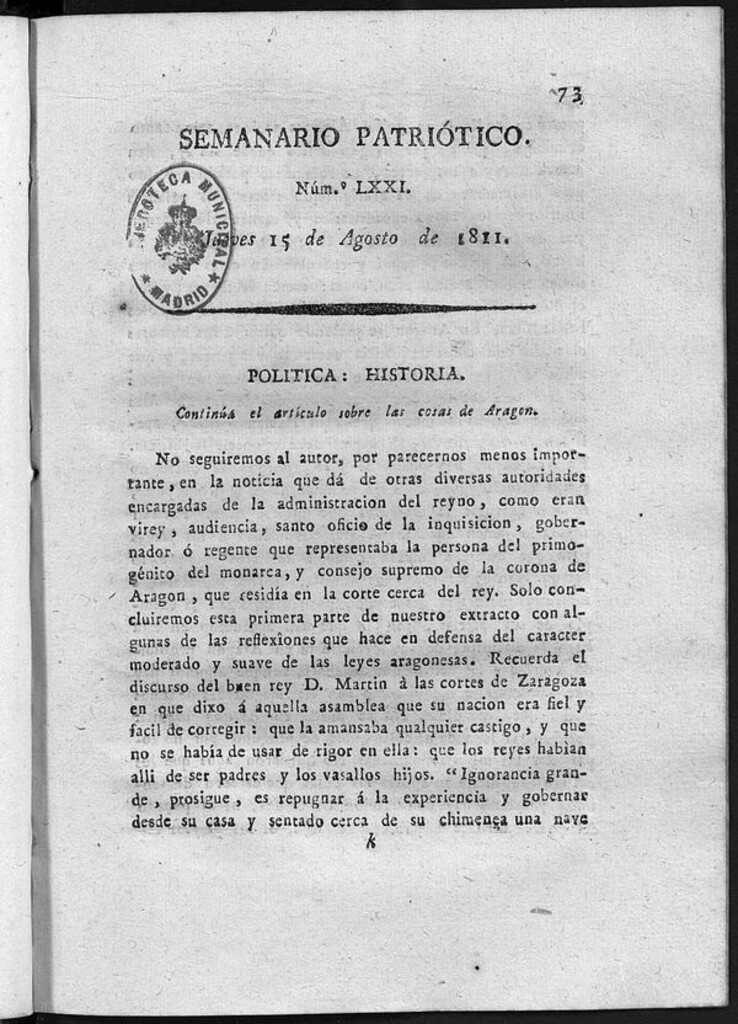 Miniatura de Semanario Patriótico. Num LXXI Jueves 15 de Agosto de 1811